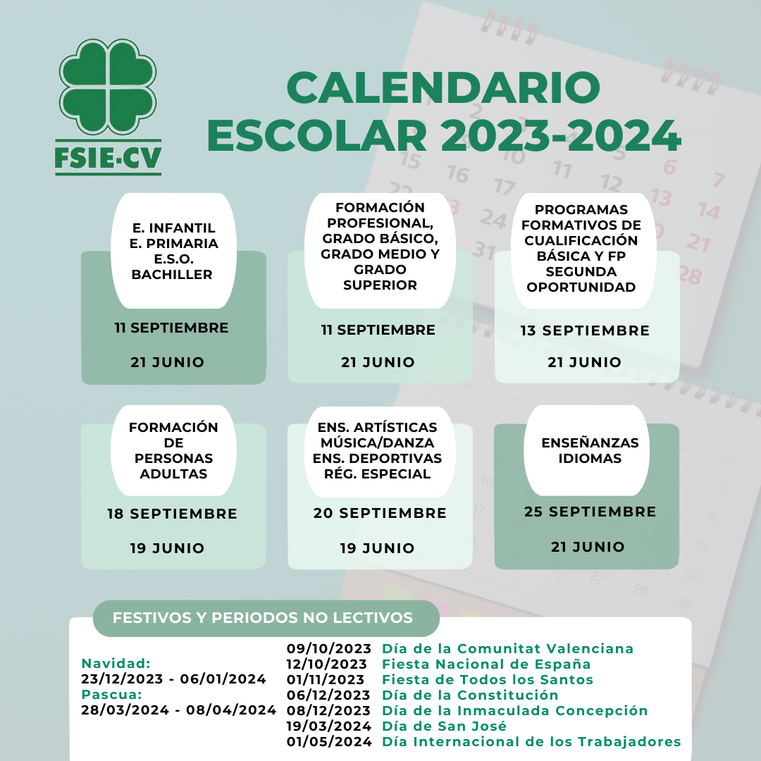 CALENDARIO ESCOLAR 2023 2024 FSIE Comunidad Valenciana